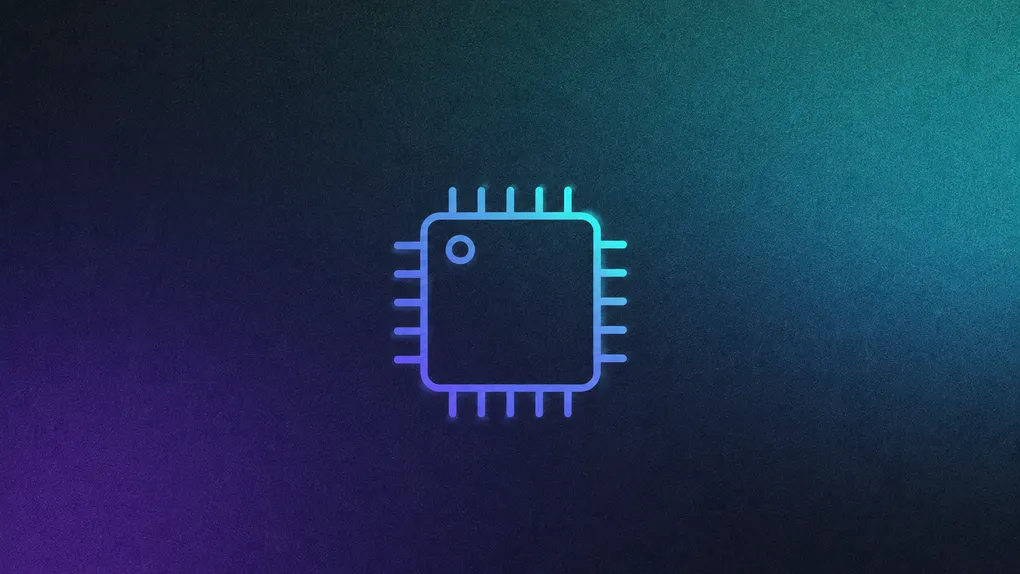 Glowing microcontroller chip icon on a purple and teal gradient background
